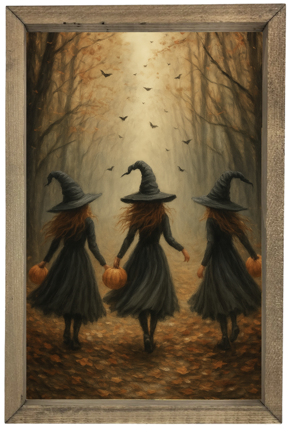 Three Witches with pumpkins in Forest